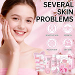 Sakura Skin Care Set for Teens and Women, 17Pcs Skincare Gift Set with Cleanser, Toner, Serum, Face Cream, Eye Cream, Hair Clips, Headband, Face Brush, Soap Flowers and Gift Box