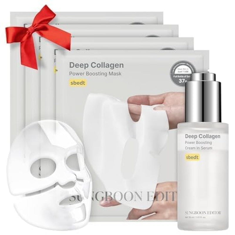 Revitalizing Combo & Smooth-Looking Boosting Duo, Deep Collagen Power Boosting Mask (4Ea) & Deep Collagen Power Boosting Cream in Serum, Self-Care Gift Set for Women, Korean Skincare