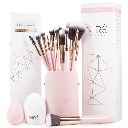 Beauty 15 Piece Award Winning Pink Makeup Brush Set: Cute Vegan Makeup Brushes for Women, Teen Girls & Tweens with Holder Case, Sponge, Cleaner & Guide, Gift Box