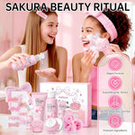 Sakura Skin Care Set for Teens and Women, 17Pcs Skincare Gift Set with Cleanser, Toner, Serum, Face Cream, Eye Cream, Hair Clips, Headband, Face Brush, Soap Flowers and Gift Box