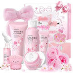 Sakura Skin Care Set for Teens and Women, 17Pcs Skincare Gift Set with Cleanser, Toner, Serum, Face Cream, Eye Cream, Hair Clips, Headband, Face Brush, Soap Flowers and Gift Box
